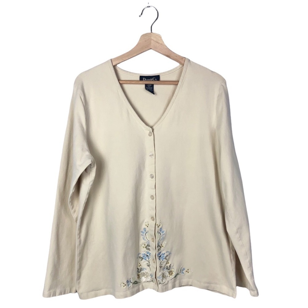 Vintage VTG Denim & Co Floral Embroidered‎ Long Sleeve Top L